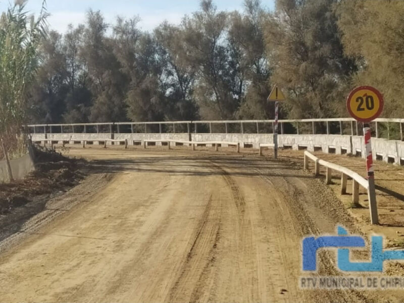 Carretera de tierra con señales de tráfico, cerca de un puente y árboles en el fondo.