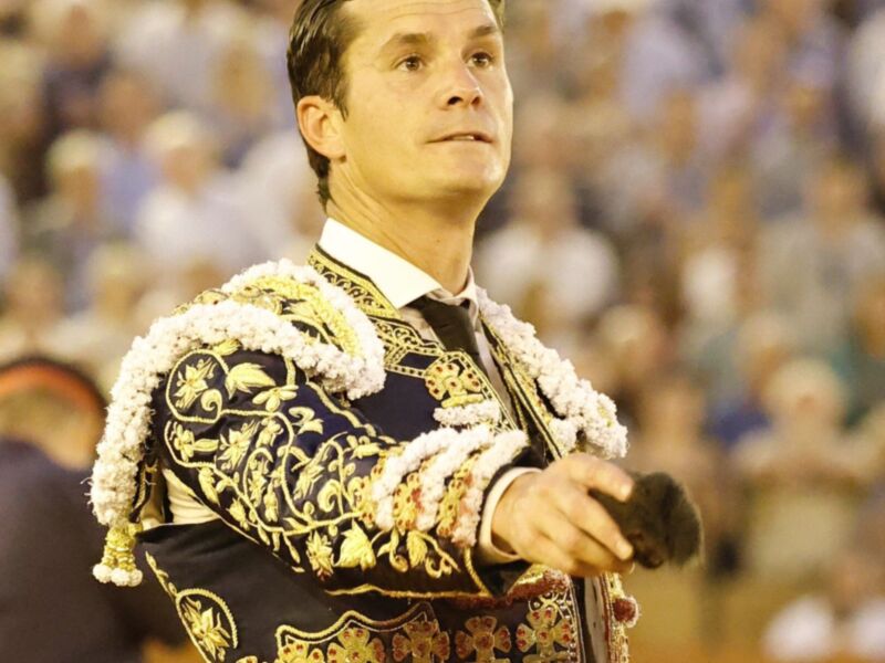 Un torero en traje tradicional, con un fondo borroso de público.