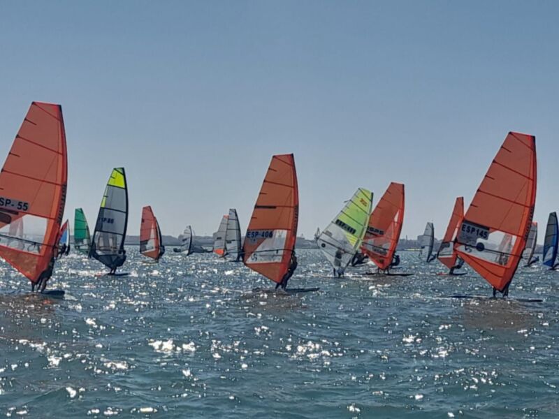 Una escena de vela en el mar con varios barcos de vela de colores brillantes navegando bajo un cielo azul claro.
