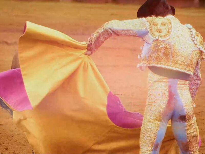 Un torero en traje tradicional de color dorado y brillante, con una capa amarilla y un pañuelo rojo en la mano izquierda, se prepara para enfrentarse a una res. La escena se desarrolla en un campo de arena, con el sol poniéndose y la luz dorada iluminando la escena.