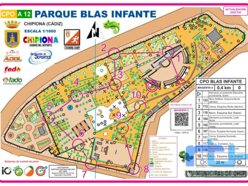 Mapa detallado del Parque Blas Infante en Chipiona, Cádiz. Incluye áreas recreativas, senderos y zonas infantiles.