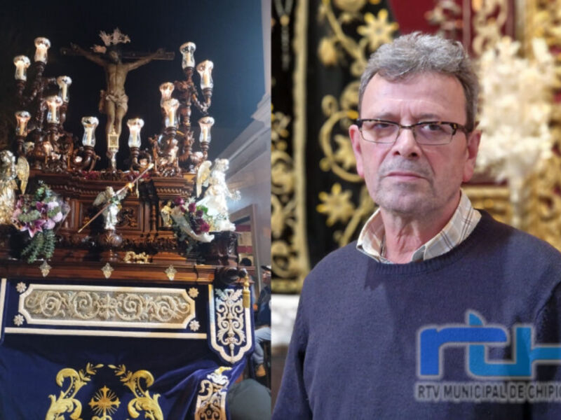 A la izquierda, una imagen de un paso procesional con figuras religiosas y un crucifijo. A la derecha, una persona en un entorno interior con decoración de lujo y el logo de RTV Municipal de Chipiona.