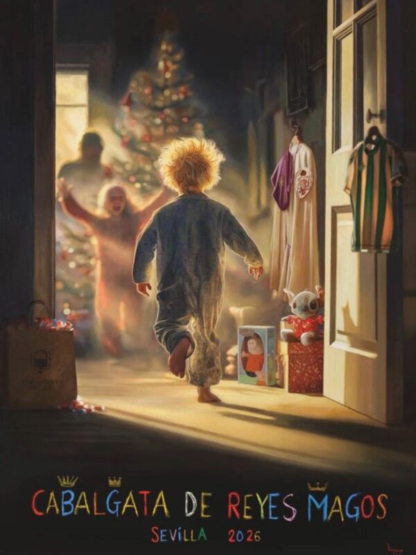 Cabañata de Reyes Magos Sevilla 2026. Imagen navideña con niños cerca de una ventana abierta, un árbol de Navidad y regalos.